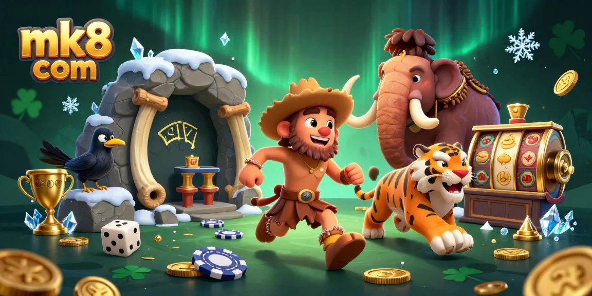 Experience thrilling gaming at mk8 com with a cartoon caveman duo and vibrant casino elements.
