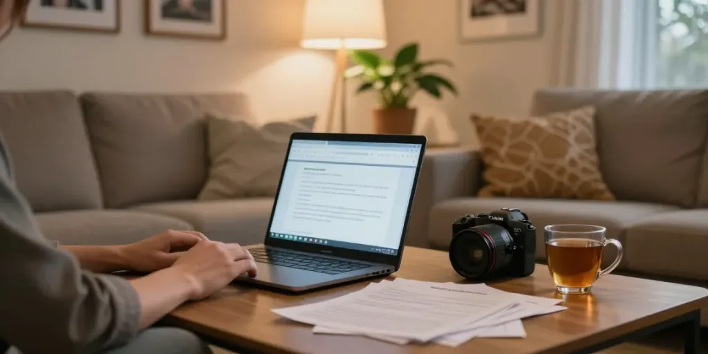 Individual researching Edmonton loans at home, cozy living room atmosphere.