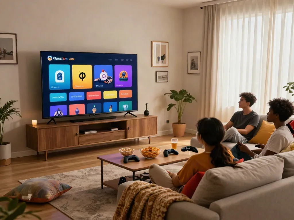 Pikashow APK movie night setup with friends in a cozy living room.