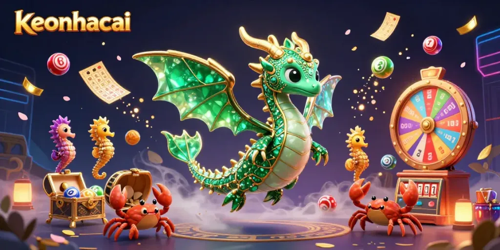 Engage with keonhacai's dynamic lottery scene featuring vibrant balls and treasures in a lively 3D setting.