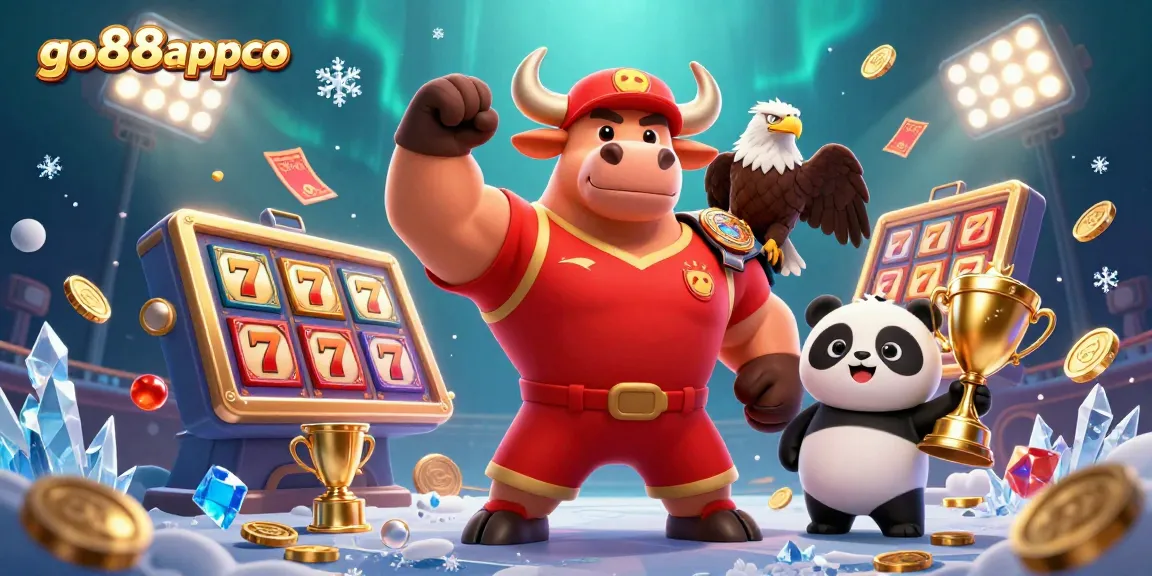 Celebrate winning at go88appco with a fierce bull mascot, eagle, and panda amidst dynamic slot elements.