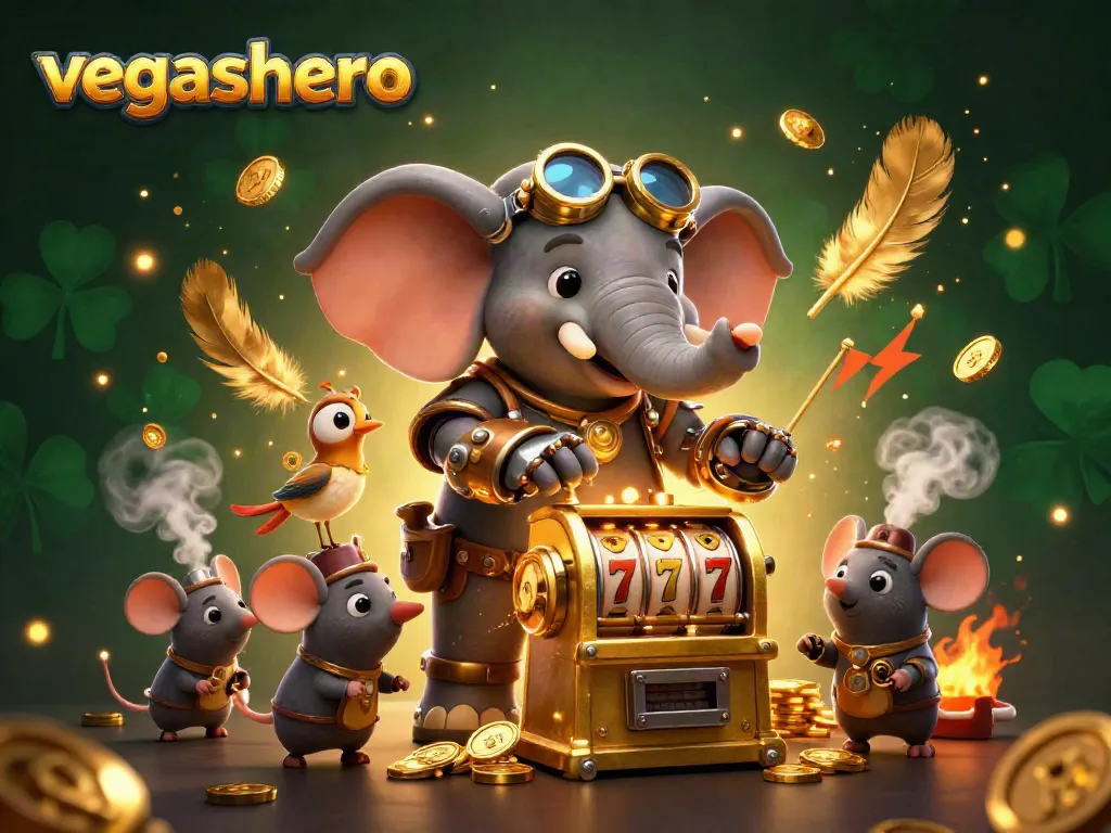 Spin the golden slot machine at vegashero with steampunk charm and vibrant casino elements.
