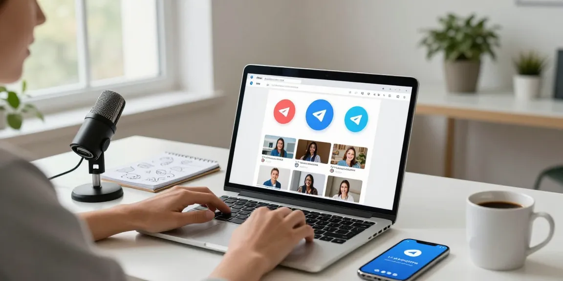 Download Telegram on a laptop in a modern workspace, showcasing vibrant chats and media.