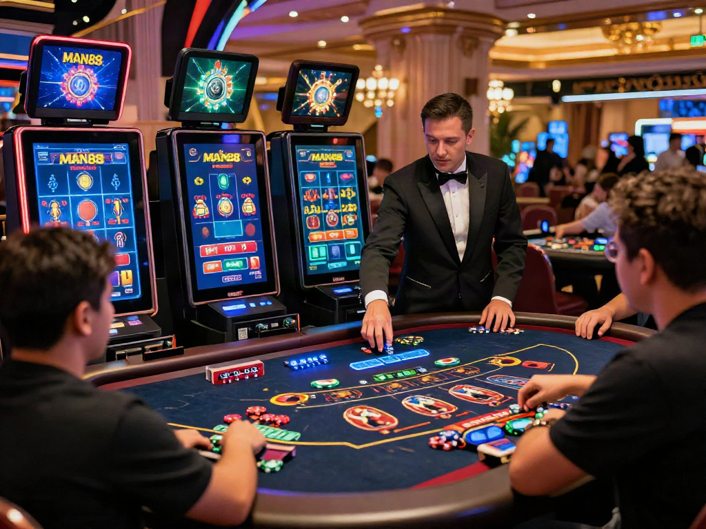 MAN88 live casino scene with engaging dealer and vibrant gaming atmosphere.