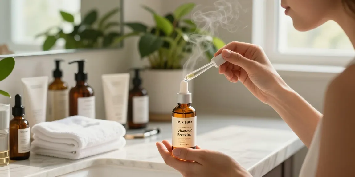 Een persoon die Dr. Althea Vitamin C Boosting Serum aanbrengt in een rustige badkamer met natuurlijke lichtinval.