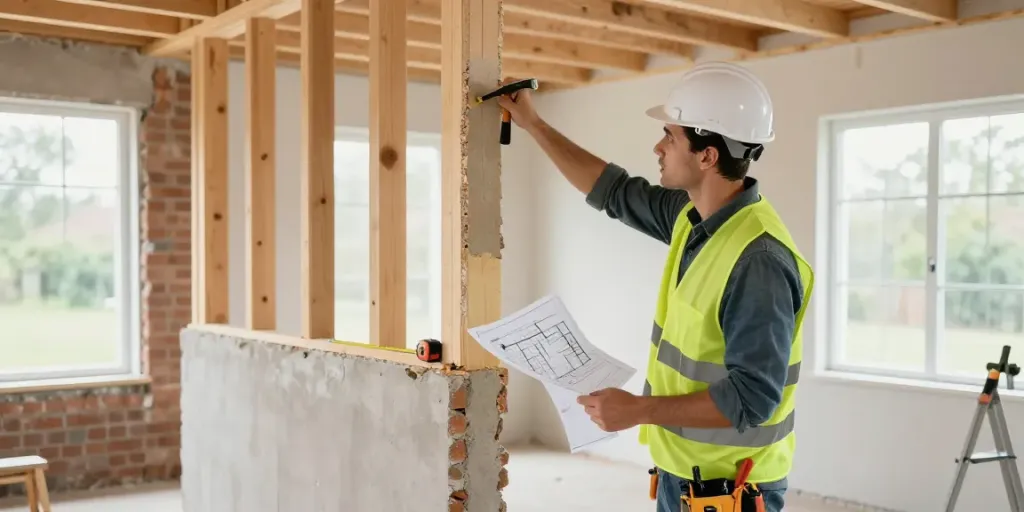 Professioneel verwijderen van een draagmuur door een aannemer met plannen in hand.