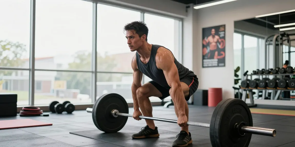 Een bodybuilder die Prime Pharma Steroids gebruikt tijdens de deadlift in een moderne sportschool, met energieke sfeer en natuurlijk licht.
