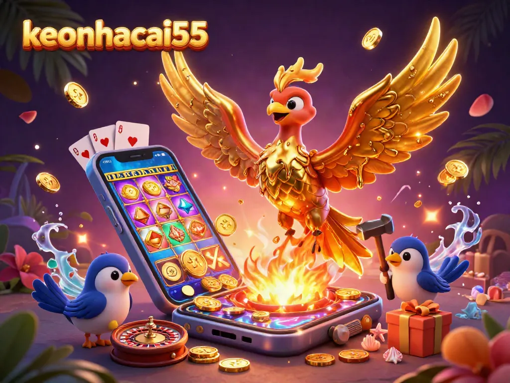 Engage with keonhacai55 featuring a molten golden phoenix and dynamic casino game elements.