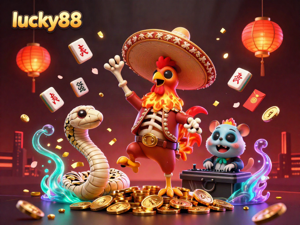 Experience excitement with lucky88 through a vibrant 3D scene of celebratory characters among casino elements and golden coins.