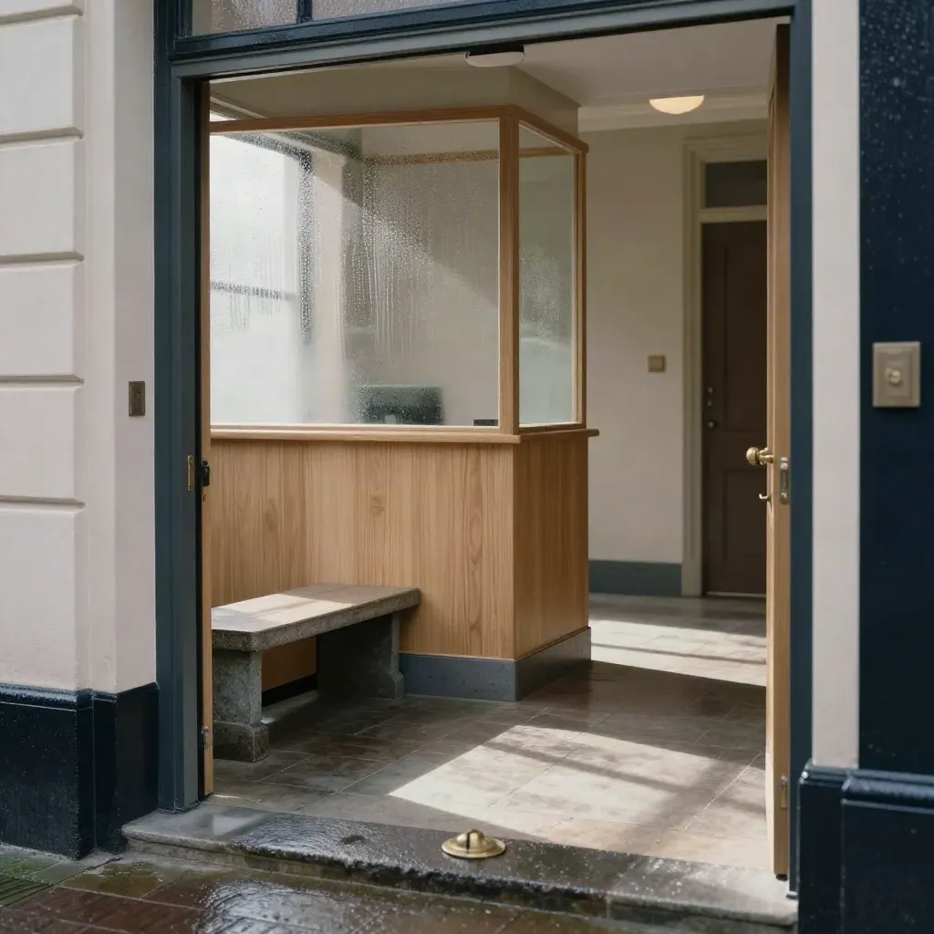 Donkere juristenfoyer met frosted glas, eiken mappen, stenen bank en regenlicht.