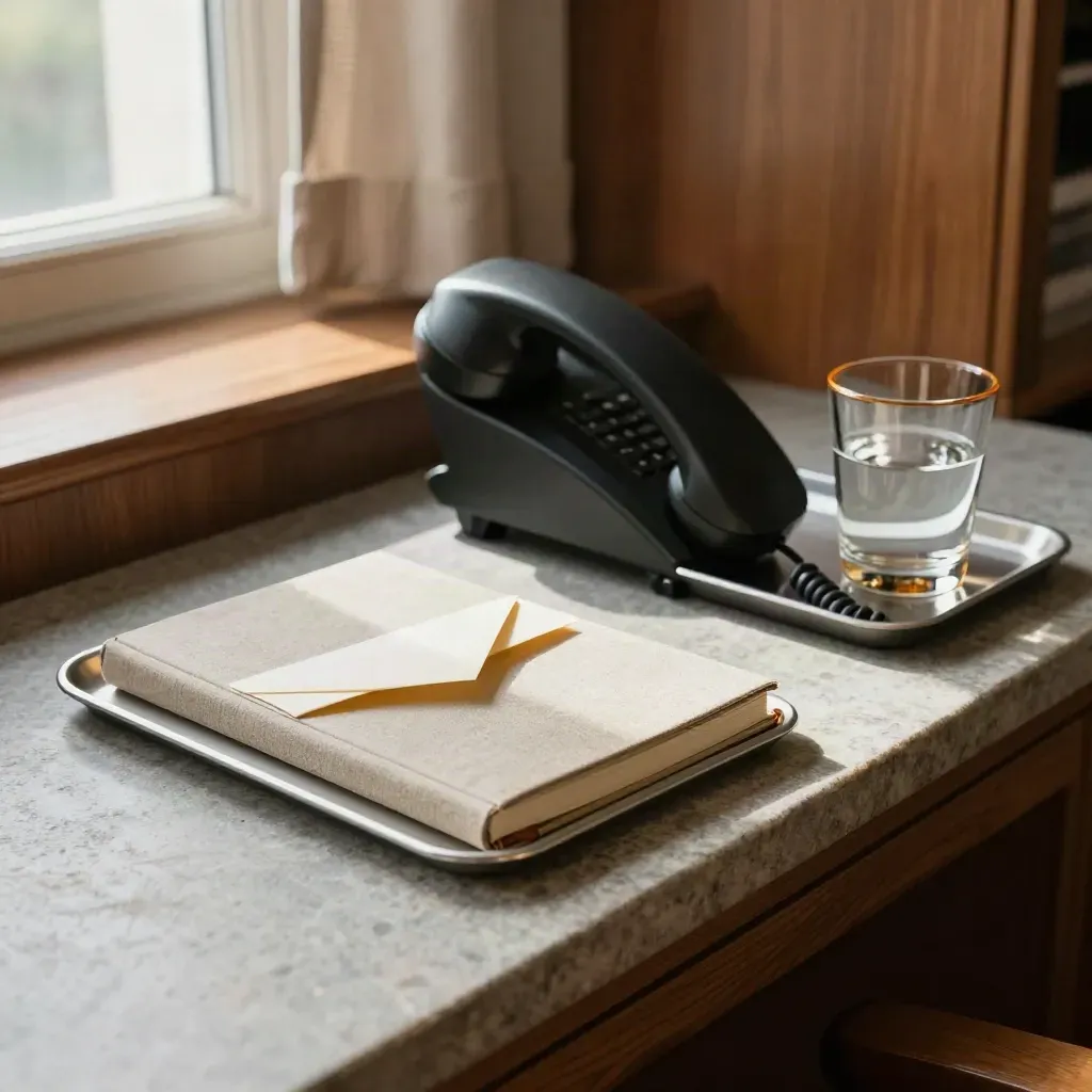 Intakeconsole met notitieboek, verzegelde envelop, telefoon en glas water in warm juristenkantoor