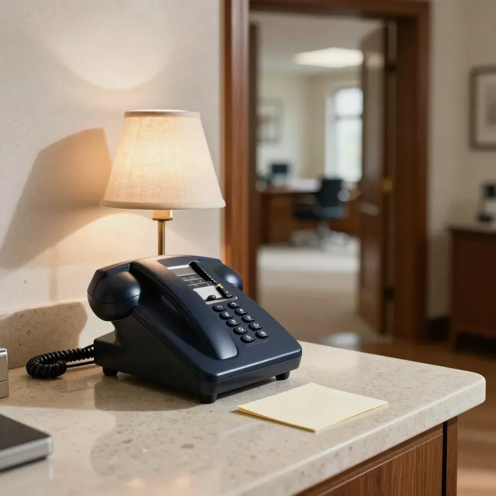 Donkerblauwe telefooncradle, lamp en open deuropening in een warme juridische ruimte