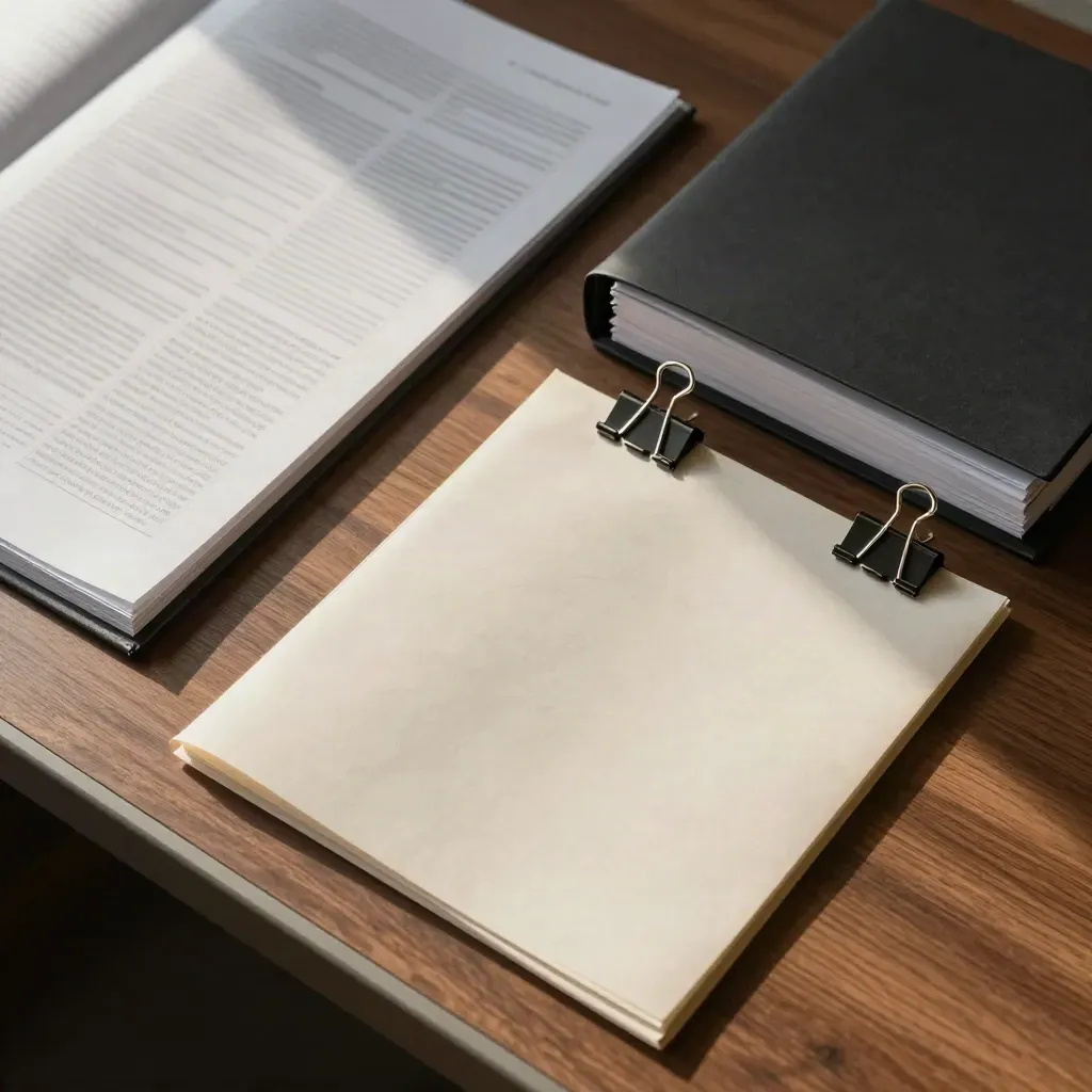 Bovenaanzicht van geordende dossiermappen, documenthoes en klemmen op een walnoothouten blad.