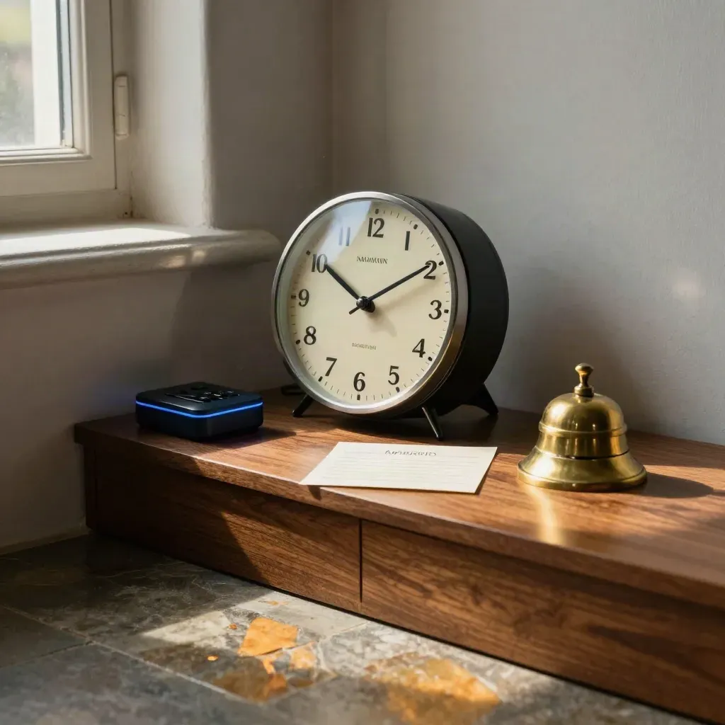 Klok, telefoondock en belletje in een warme juridische kantoorhoek bij avondlicht.