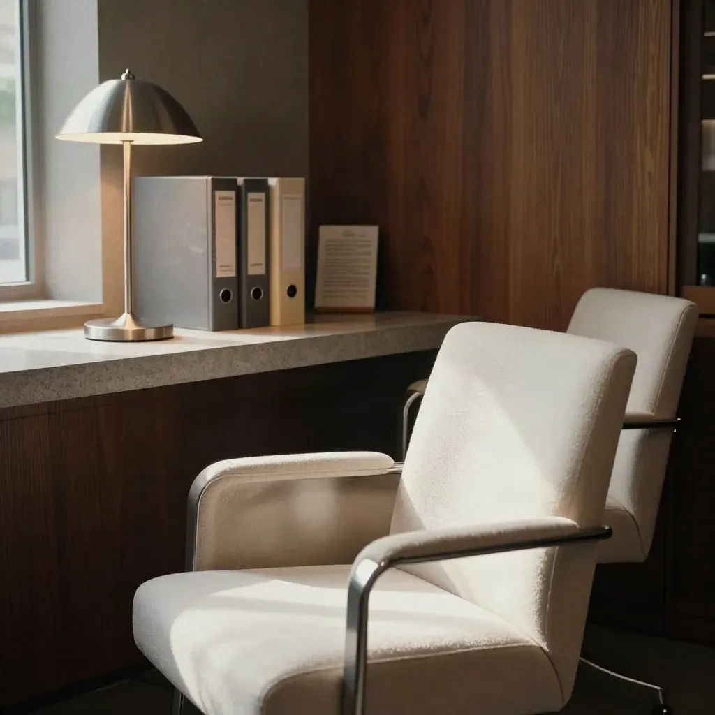 Lege overleghoek met twee stoelen, lamp en drie dossiers in een sfeervolle juridische ruimte.