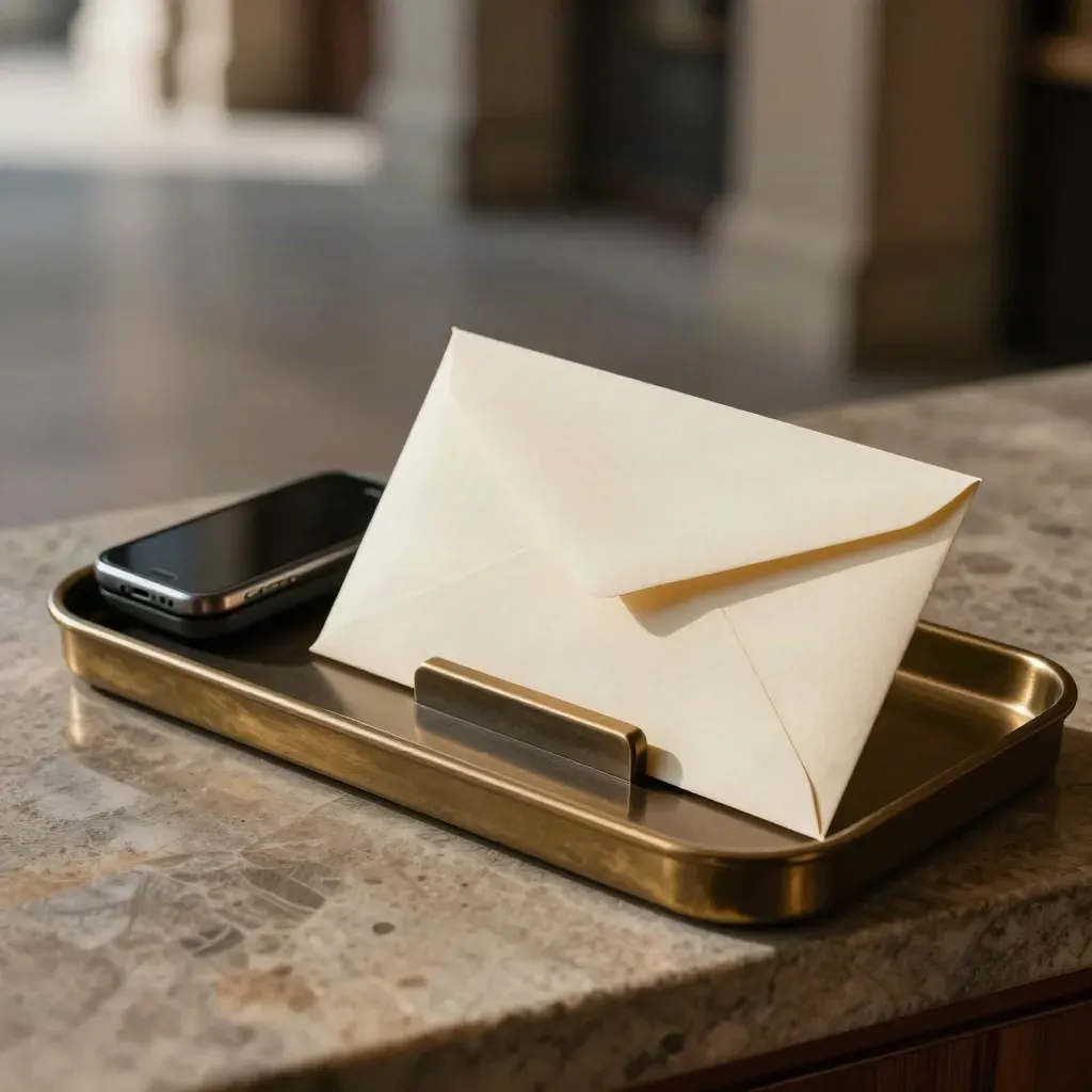 Envelop in een tray naast een messingen gewicht en telefoondock, in warm licht.