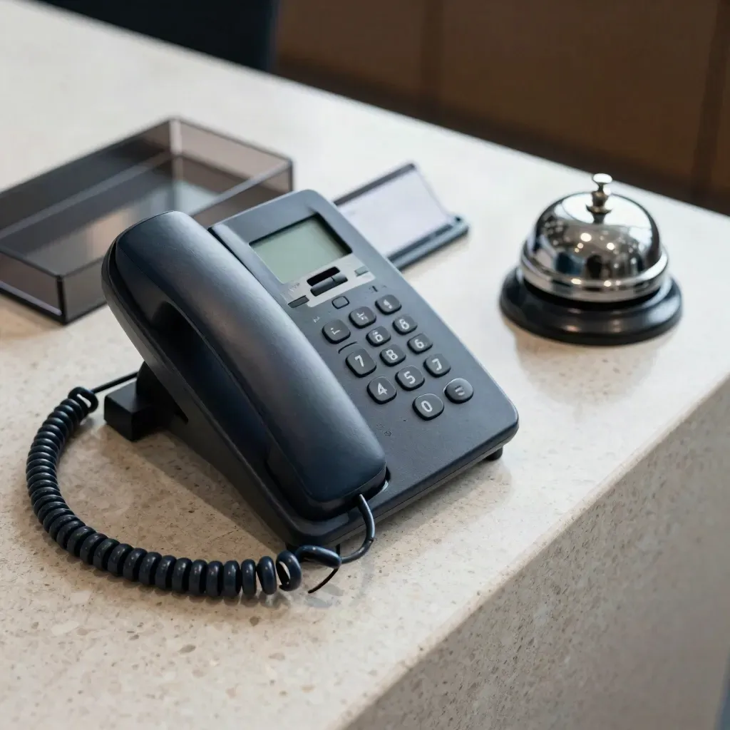 Close-up van telefoon, headsetstandaard, inboxbakje en bel op travertin receptiebalie.
