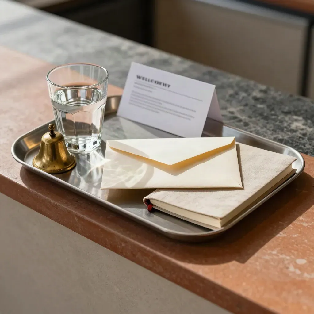Een envelop, waterglas, bel en notitieboek op een terracottatray bij zacht daglicht.