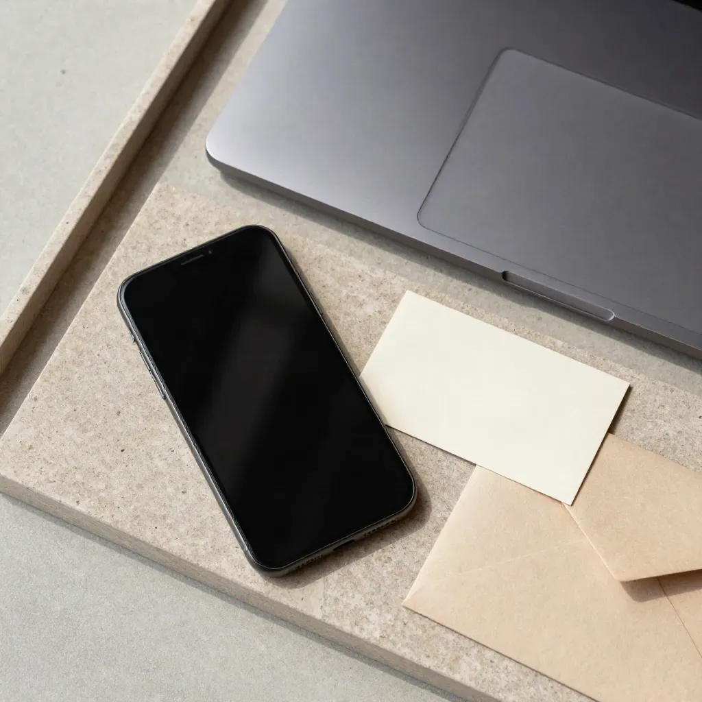 Van bovenaf een smartphone, kaart, laptop en envelop op een stenen tray in zakelijke stijl.