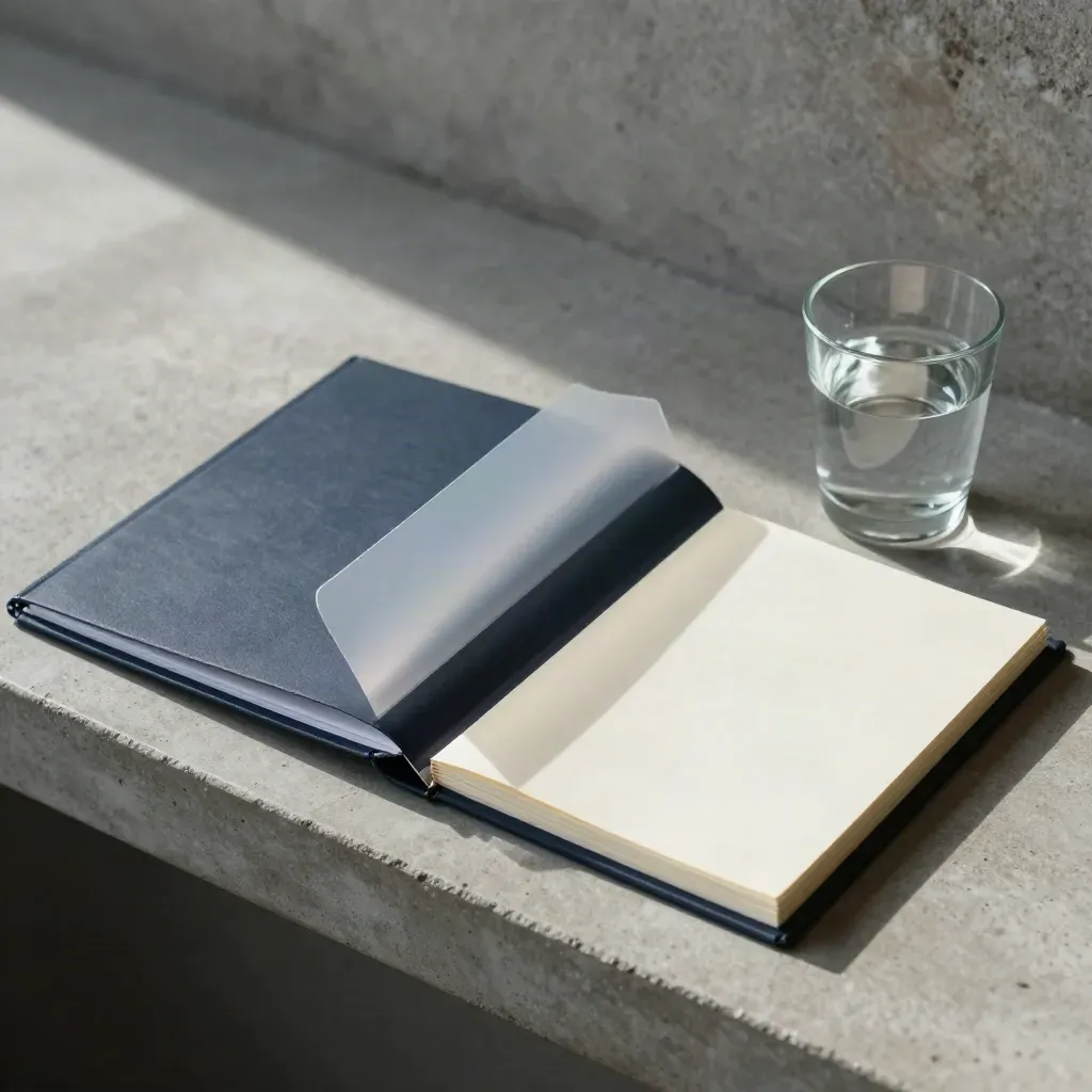 Open mappe, transparante sleeve, stapje aantekeningen en glas water op beton.