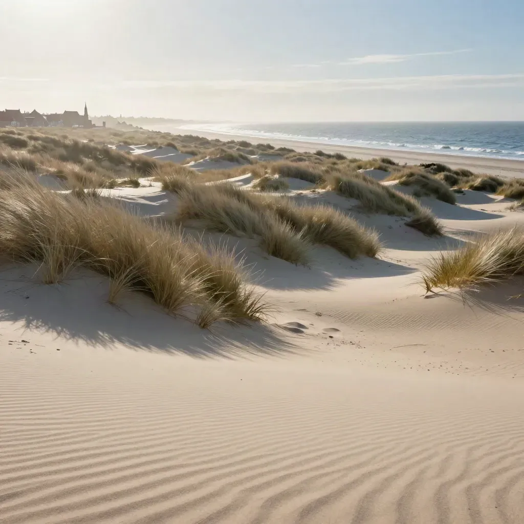 Duinrug boven de Noordzee met mistige kustplaats in de verte en open zand voor copy