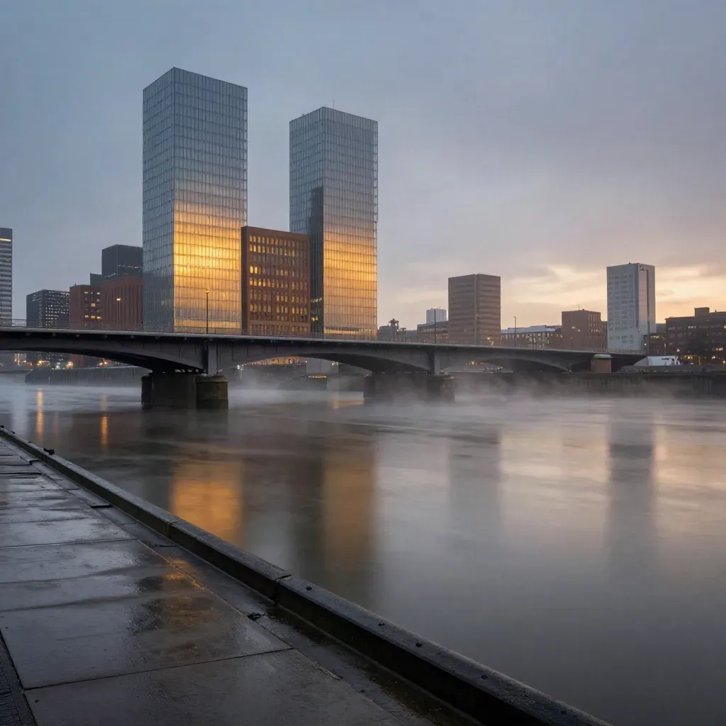 Rotterdamse Maas bij schemering met bruggen, mist en oplichtende torens