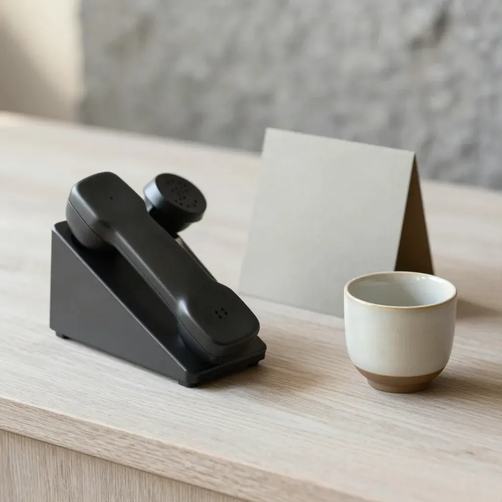 Stilleven met klok, telefoonhouder, kaartje en beker op licht houten bureau.