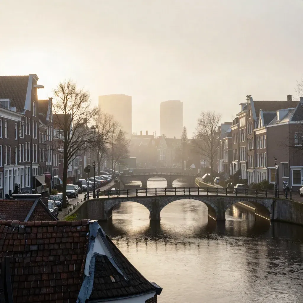 Miste zonsopgang boven Amsterdamse grachten met bruggen en zachte skyline.