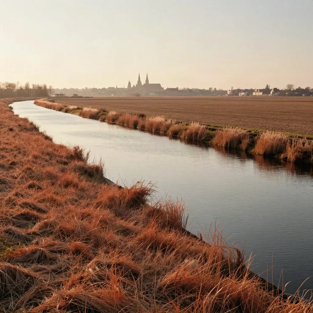 Zonnige polderrand met Utrechtse skyline en Domtoren in zachte nevel.