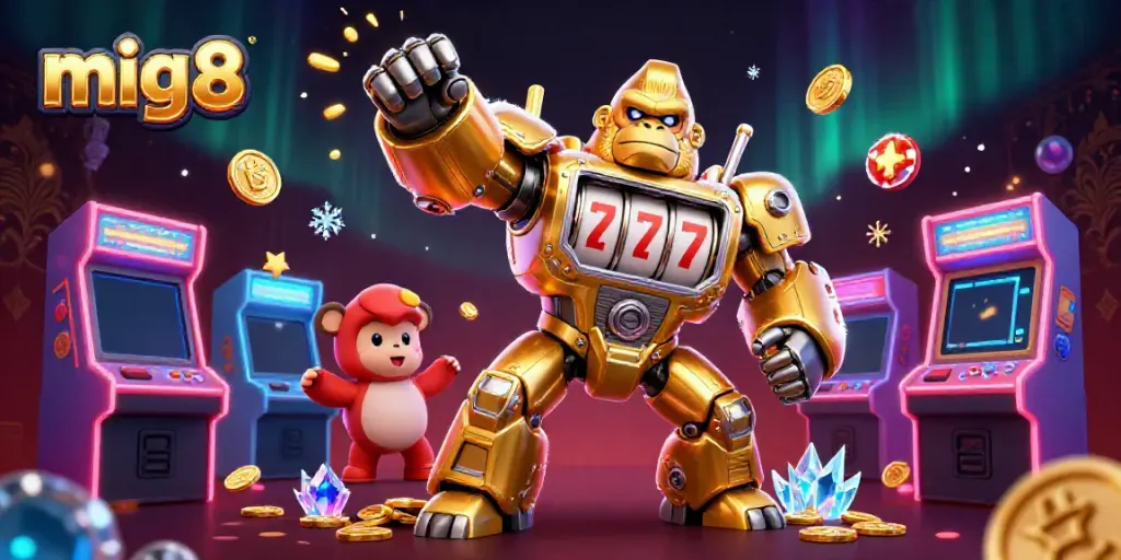 Experience thrilling action with the mig8 golden gorilla mech amid colorful casino elements, perfect for online gaming.