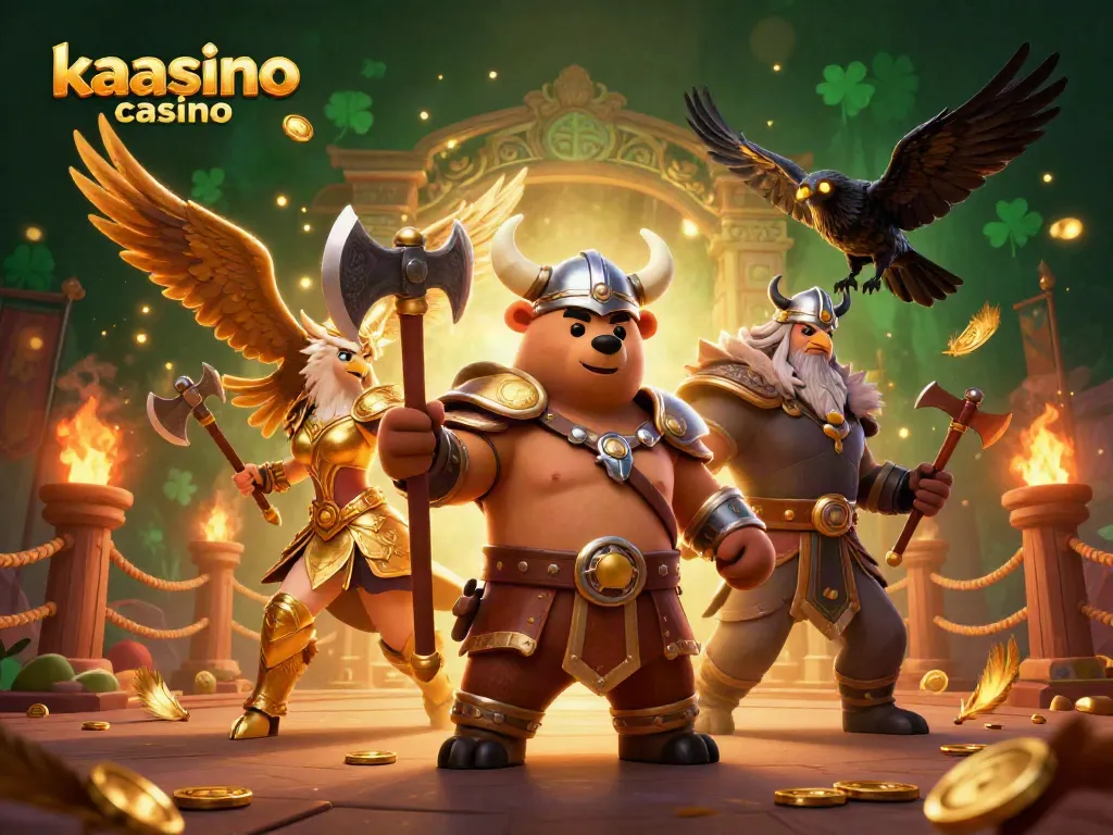 Kaasino casino showcases an epic 3D scene with Viking, Valkyrie, and treasures in vibrant casino atmosphere.