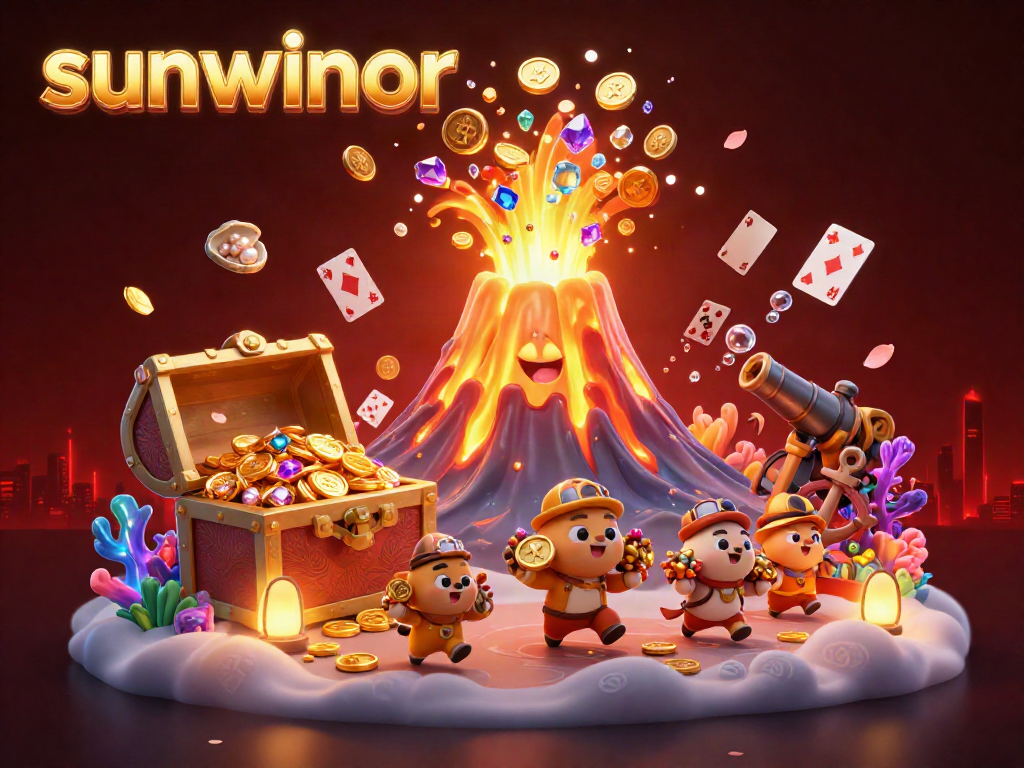 Experience the excitement of sunwinor with a captivating 3D illustration showcasing a treasure-filled volcanic eruption and vibrant gaming elements.