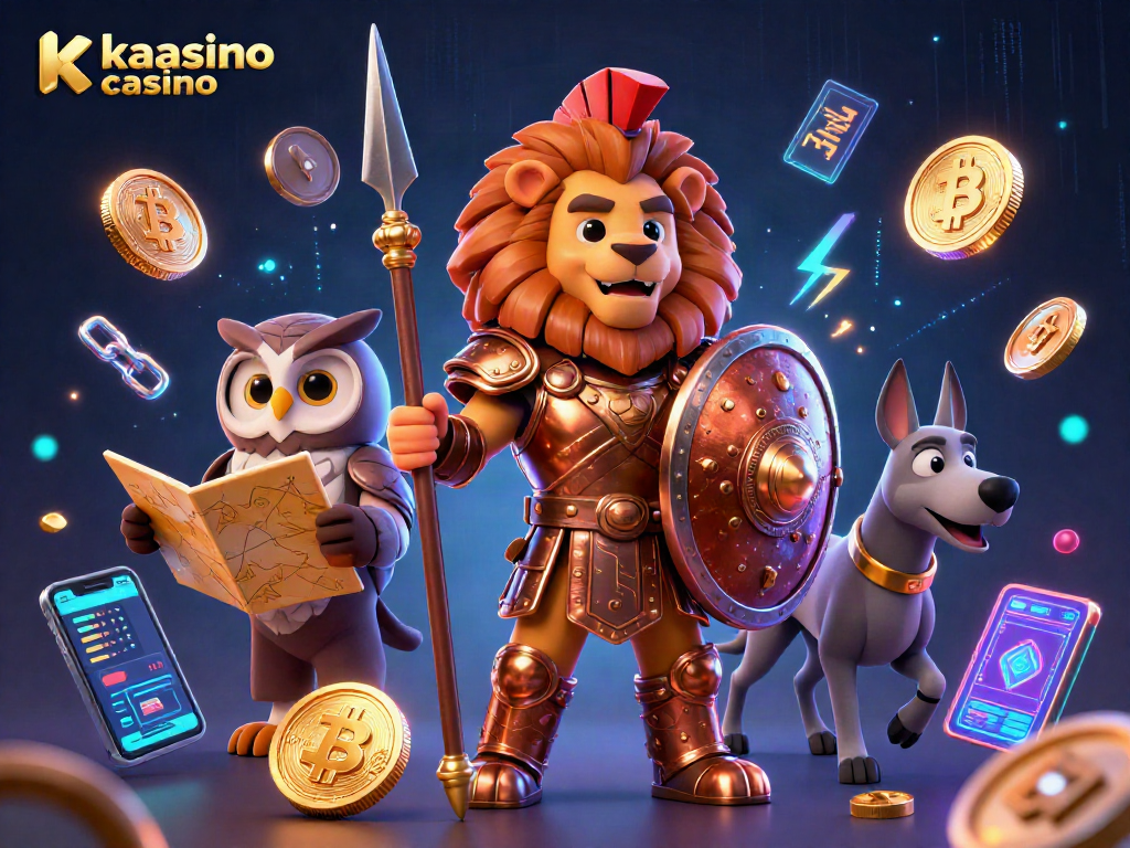 Kaasino casino showcases an engaging 3D scene with lion, owl, and greyhound in armor, surrounded by dynamic crypto elements.