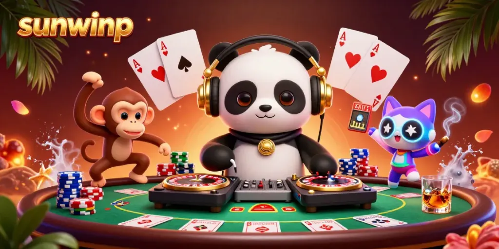 Experience fun and winnings in a vibrant sunwinp casino scene featuring dynamic characters and poker elements.