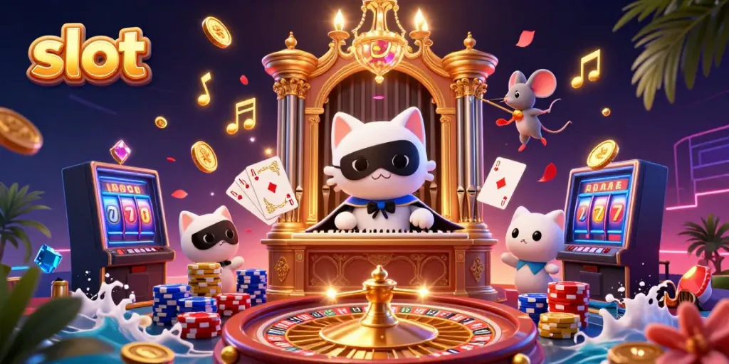 Experience thrilling slot games with the phantom cat and golden coins amidst vibrant casino elements.