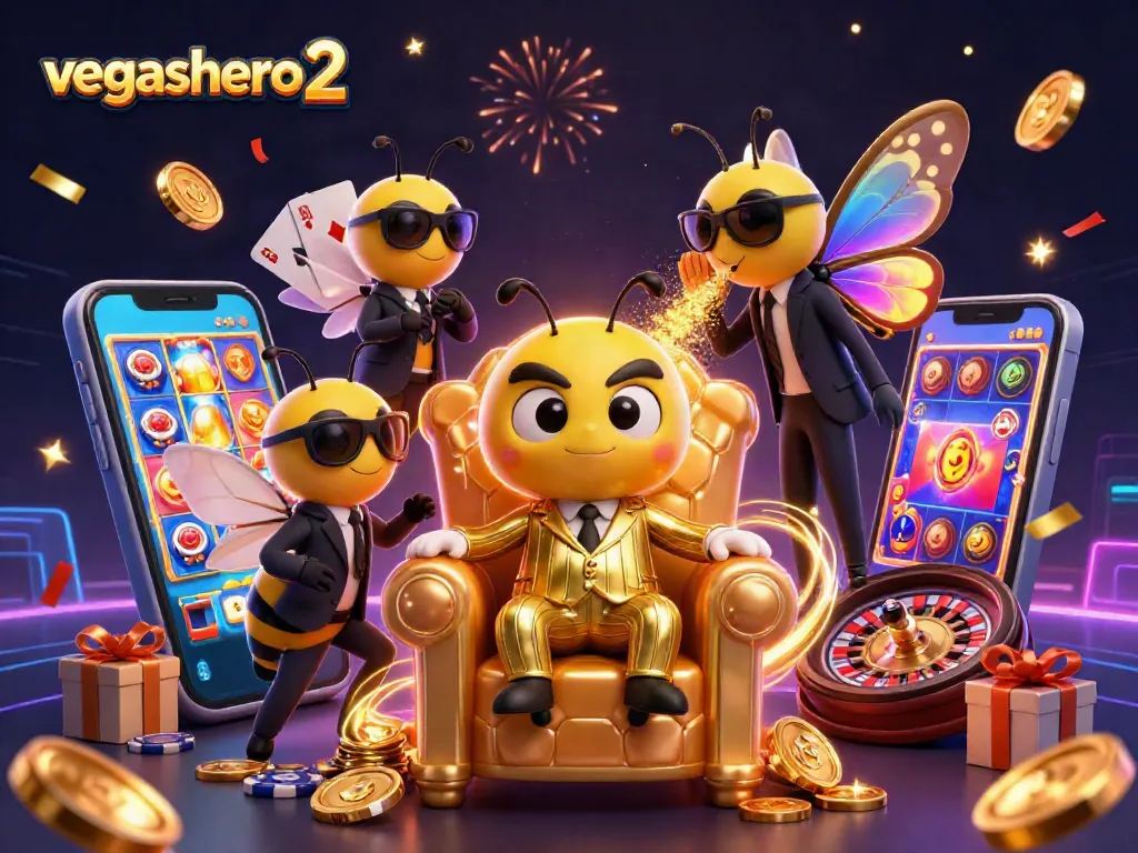 Win big with vegashero 2 at stunning online casino illustration with themed characters and game elements.