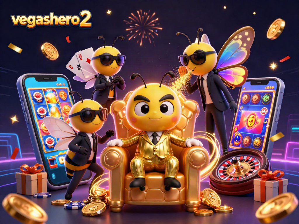 Win big with vegashero 2 at stunning online casino illustration with themed characters and game elements.