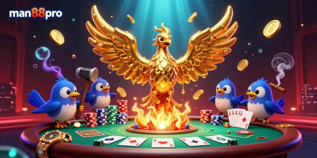 Experience thrilling gameplay at man88pro with golden phoenix emerging from a forge amidst casino elements.