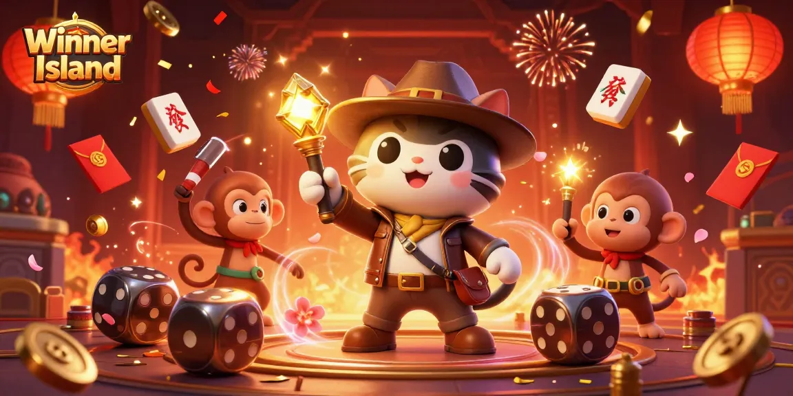 Winner Island promotes excitement with a casino-themed illustration featuring golden artifacts and vibrant gaming elements.