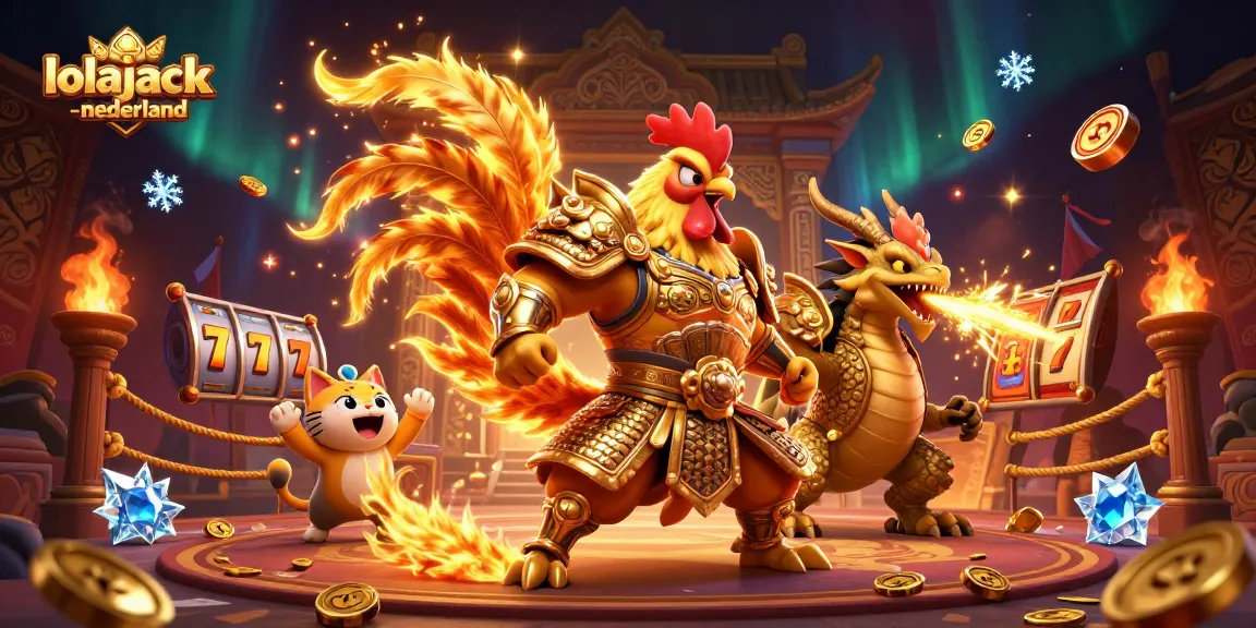 Experience thrilling gameplay at lolajack-nederland, featuring a dynamic combat scene with a rooster warrior and dragon in vivid 3D.