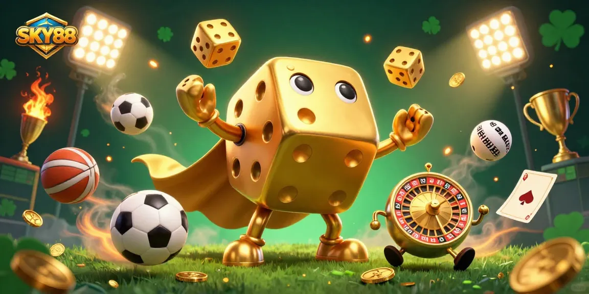 Bet on the vibrant game elements with SKY88: golden dice golem, sports balls, and dynamic action.