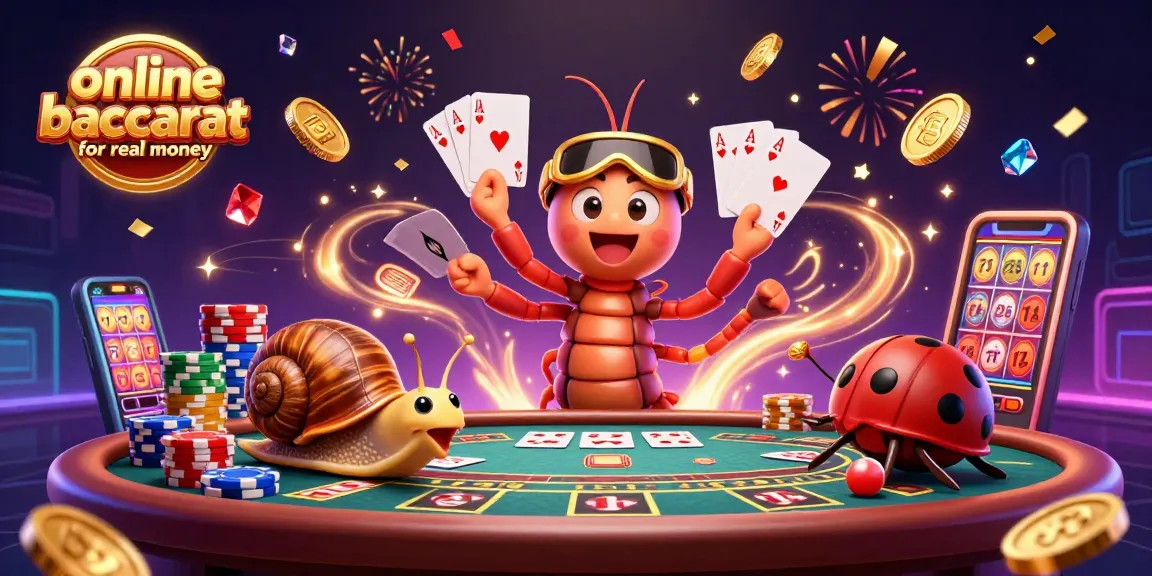 Engage with online baccarat for real money, featuring a vibrant scene with a millipede dealer and exciting game elements.