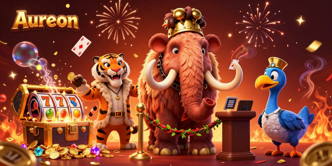 Aureon casino illustration featuring woolly mammoth bouncer checking IDs among rich casino game elements